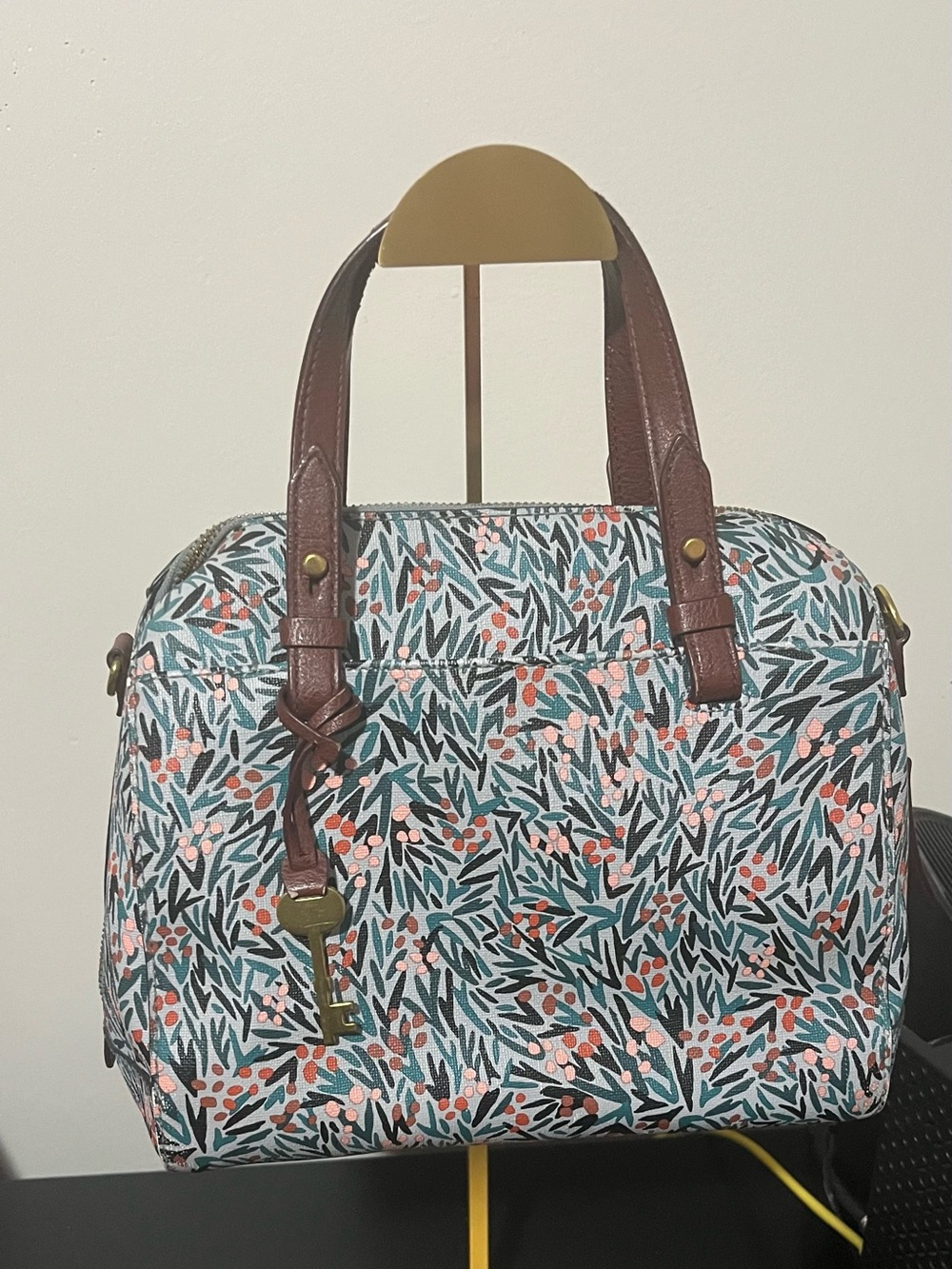 Fossil Floral Print Satchel with Brown Handles includes Key Charm